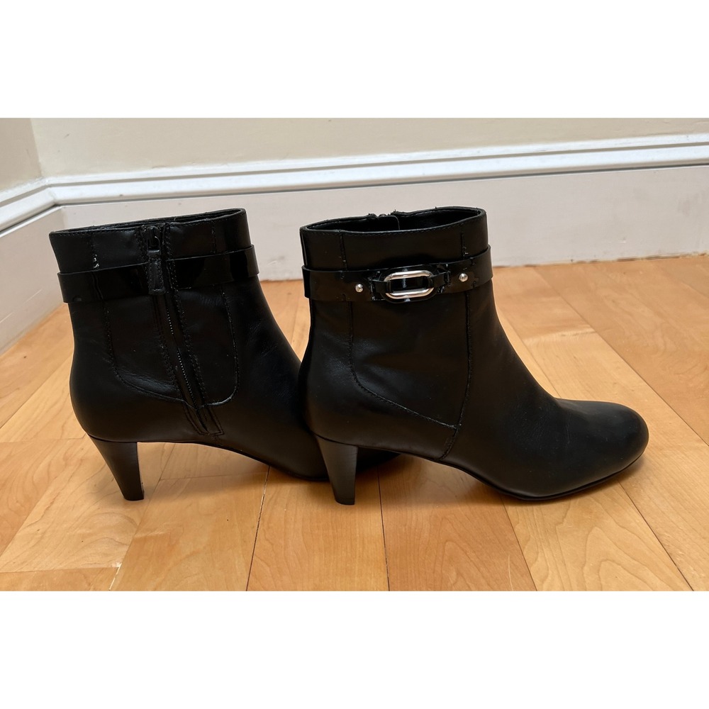 Cole Haan Ankle Booties 8B Women Black Leather Nike Buckle Strap Kitten Heel NEW